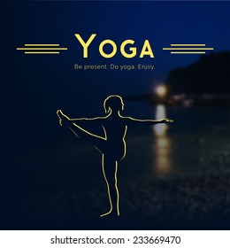 Vector yoga illustration. Name of yoga studio on a night sea background. Yoga class motto. Yoga sticker. Yoga exercises, recreation, healthy lifestyle. Poster for yoga class with a Crimean landscape.