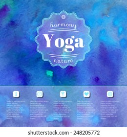 Vector yoga illustration. Name of yoga studio on a blue watercolors background. Yoga class motto. Yoga sticker. Yoga exercises, recreation, healthy lifestyle. Poster for yoga class.