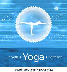 Vector yoga illustration. Name of yoga studio on a fantastic landscape background. Yoga exercises for healthy lifestyle. Poster template for yoga class, fitness center, SPA. Yoga studio motto.