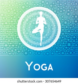 Vector yoga illustration. Name of yoga studio on an abstract background. Yoga sticker.  Yoga exercises for recreation, healthy lifestyle. Poster for yoga class or fitness center, SPA. 