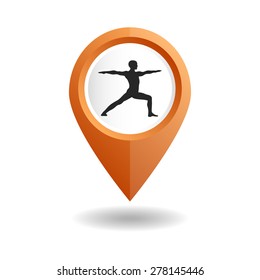 Vector yoga illustration. Orange map pointer with a man in an yoga pose. GPS location symbol. Flat design style. Map pointer for location of yoga center, fitness studio, yoga class. Ayurveda exercises