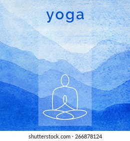 Vector yoga illustration. Poster for yoga class with a nature backdrop. Linear yoga icon, yoga logo in outline style. Yoga elements design. Watercolor background. Yoga studio. Fitness, spa center.