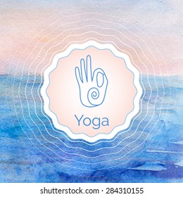 Vector yoga illustration. Poster for yoga class with a watercolor landscape.Template with linear yoga icon, yoga logo in outline style. Yoga class, yoga studio, fitness center. Watercolor background.