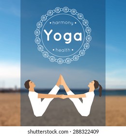 Vector yoga illustration. Yoga poster with couple of man and woman in the yoga pose on a blurred photo background. Illustration for yoga class, yoga studio, fitness center, advertising, websites.
