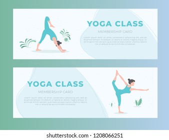 Vector yoga illustration. Yoga poster with silhouettes of women in the yoga poses. Illustration for yoga class, studio, fitness center, advertising, websites.