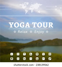 Vector yoga illustration. Poster for yoga tour, journey, travel, vacation on a nature background. Advertisement of yoga tour, healthy lifestyle. Poster for yoga tour with sea landscape. Infographics.