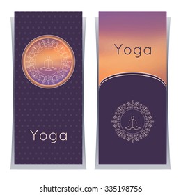 Vector yoga illustration. Yoga posters with floral ornament and yogi silhouette. Identity design for yoga studio, yoga center or class. Template for SPA, beauty salon, ayurveda clinic in luxury style.