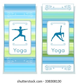 Vector yoga illustration. Yoga posters with floral ornament and yogi silhouette. Identity design for yoga studio, yoga center, class, also for magazine, presentation. Template of flyer, banner, card. 