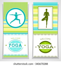 Vector yoga illustration. Yoga posters with watercolor texture and yogi silhouette. Identity design for yoga studio, yoga center, class, for magazine, presentation. Template of flyer, banner, card.