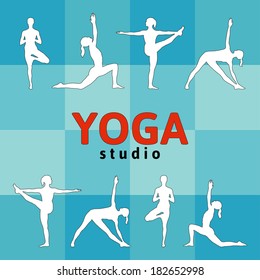 Vector yoga illustration in red, blue, white and black colors. Sign for a yoga studio. Title (home) page for the yoga website. Announcement of yoga. People silhouettes. Women (girls) silhouettes.