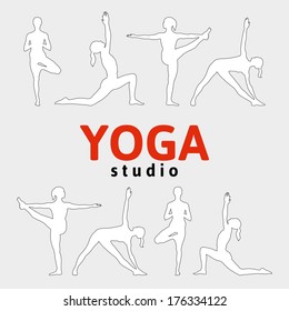 Vector yoga illustration in red, white, gray and black colors. Home page for the website.