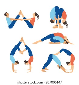 Vector yoga illustration. Set of yoga asanas for couple yoga on a white backdrop. . Yoga with partner. Illustration for yoga class, yoga studio, fitness center, advertising, websites, yoga magazine.