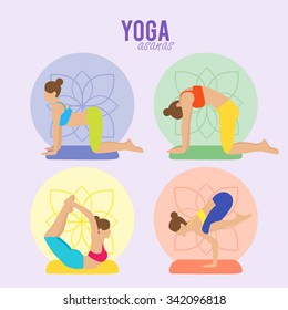 Vector yoga illustration. Yoga set. Yoga asanas. Girl does yoga exercises. Healthy lifestyle. Templates for spa center or yoga studios.