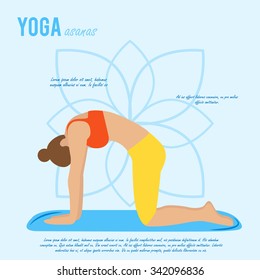 Vector yoga illustration. Yoga set. Yoga asanas. Girl does yoga exercises. Healthy lifestyle. Templates for spa center or yoga studios.