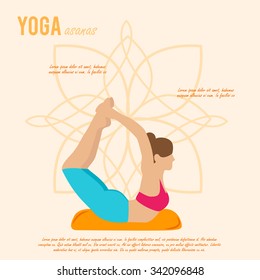 Vector yoga illustration. Yoga set. Yoga asanas. Girl does yoga exercises. Healthy lifestyle. Templates for spa center or yoga studios.