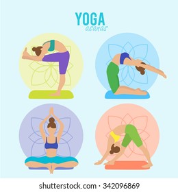 Vector yoga illustration. Yoga set. Yoga asanas. Girl does yoga exercises. Healthy lifestyle. Templates for spa center or yoga studios.