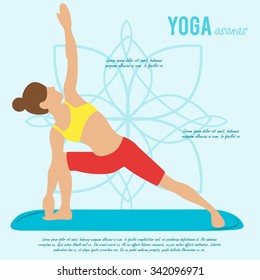 Vector yoga illustration. Yoga set. Yoga asanas. Girl does yoga exercises. Healthy lifestyle. Templates for spa center or yoga studios.