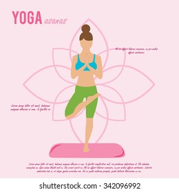 Vector yoga illustration. Yoga set. Yoga asanas. Girl does yoga exercises. Healthy lifestyle. Templates for spa center or yoga studios.
