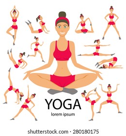 Vector yoga illustration. set. exercises. Women. class, center, studio. poster. Sketch with  asana. Girl does exercises. Healthy lifestyle.