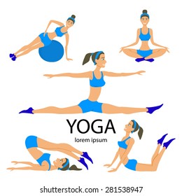 Vector yoga illustration. set. exercises. Women. class, center, studio. poster. Sketch with  asana. Girl does exercises. Healthy lifestyle.