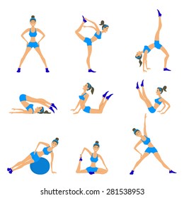Vector yoga illustration. set. exercises. Women. class, center, studio. poster. Sketch with  asana. Girl does exercises. Healthy lifestyle.