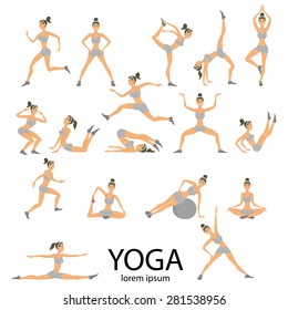 Vector yoga illustration. set. exercises. Women. class, center, studio. poster. Sketch with  asana. Girl does exercises. Healthy lifestyle.