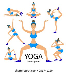 Vector yoga illustration. set. exercises. Women. class, center, studio. poster. Sketch with  asana. Girl does exercises. Healthy lifestyle.