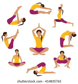 Vector yoga illustration. Yoga set. Yoga exercises. Women yoga. Yoga class, yoga center, yoga studio. Yoga poster. Sketch with yoga asana. Girl does yoga exercises. Healthy lifestyle.