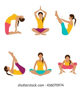 Vector yoga illustration. Yoga set. Yoga exercises. Women yoga. Yoga class, yoga center, yoga studio. Yoga poster. Sketch with yoga asana. Girl does yoga exercises. Healthy lifestyle.