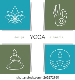 Vector yoga illustration. Set of linear yoga icons, yoga logos in outline style. Design elements for yoga poster. 