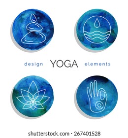 Vector yoga illustration. Set of linear yoga icons, yoga logos in outline style. Design elements for yoga poster. Yoga class, yoga center, yoga studio, spa center. Yoga symbols with watercolor texture