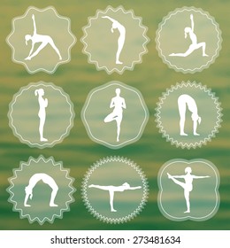 Vector yoga illustration. Set of yoga logos. Silhouettes of girls in yoga poses. Design elements for yoga poster. Yoga class, yoga center, yoga studio, spa center. Yoga sticker. Yoga asana.