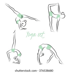 Vector yoga illustration. Yoga set.  Women yoga. Yoga class, yoga center, yoga studio. Yoga poster. Sketch with yoga asana.  Healthy lifestyle. Hand drown vector.