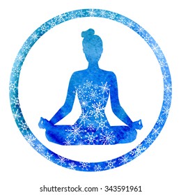 Vector yoga illustration with a silhouette of woman in circle frame. Bright blue watercolor texture and snowy ornament. Winter colors and decorative snowflakes. Lotus pose - Padmasana.