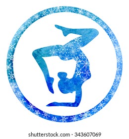 Vector yoga illustration with slim female silhouette in circle frame with winter decoration. Bright blue watercolor texture with white snowflakes. Isolated on white background.