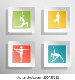Vector yoga illustration. Square buttons with girls silhouette. Colorful yoga buttons. Convex buttons with shadows. Green, red, yellow, blue buttons for yoga website.