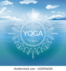 Vector yoga illustration with sun, sea and ethnic patterns and sample text in blue colors for use as template of poster, flyer or backdrop for yoga studio or fitness center.