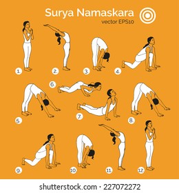 Vector yoga illustration. Surya Namaskara. Yoga set. Yoga exercises. Women yoga. Yoga class, yoga center, yoga studio. Yoga poster. Sketch with yoga asana. Girl does yoga exercises. Healthy lifestyle.