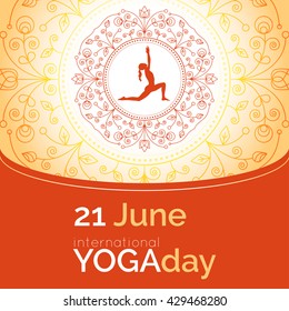 Vector yoga illustration. Template of poster for International Yoga Day. Flyer for 21 June, Yoga day. Girl does yoga exercises on ethnic pattern backdrop. Linear design. Trendy yoga poster, banner.