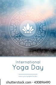 Vector yoga illustration. Template of poster for International Yoga Day. Flyer for 21 June, Yoga day. Lotus on an ethnic pattern background. Linear design. Trendy yoga poster, banner.