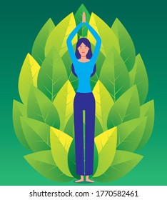 Vector yoga illustration, Young girl doing yoga. Healthy active lifestyle. Digital character illustration. 