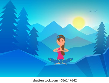 Vector yoga illustration, Young girl doing yoga on top of mountain. Calm and cool environment. Healthy active lifestyle. Digital character illustration.