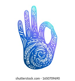 Vector yoga illustration in zentangle style with hand in gradient colors as emblem for yoga studio, ayurveda center, tattoo. Hand drawn sketch in doodle style with yoga mudra for magic, spiritualism.