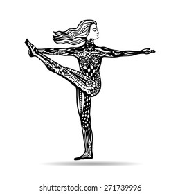 Vector yoga illustration in zentangle style. Girl in yoga pose as emblem for yoga studio, yoga center, fitness center, sport magazine, also for tattoo.  Hand drawn sketch in doodle style. 