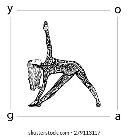 Vector yoga illustration in zentangle style. Girl in yoga pose as emblem for yoga studio, yoga center, fitness center, sport magazine, also for tattoo.  Hand drawn sketch in doodle style.