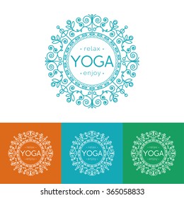 Vector yoga illustration.Elegant yoga emblem with floral ornament. Professional identity design for yoga studio, yoga center or class. Logotype for SPA, beauty salon, ayurveda clinic in luxury style.