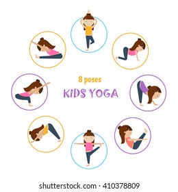 Vector Yoga kids collection. Set of yoga poses for children in flat style. Gymnastics and healthy lifestyle. Vector illustration.