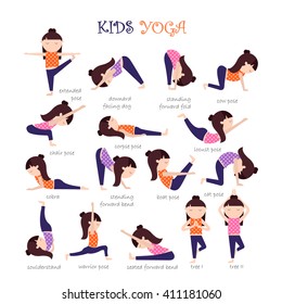 Vector Yoga kids collection. Set of yoga poses for children in flat style. Gymnastics and healthy lifestyle. Vector illustration.