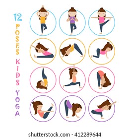 Vector Yoga kids collection. Set of yoga poses for children in flat style. Gymnastics and healthy lifestyle. Vector illustration.