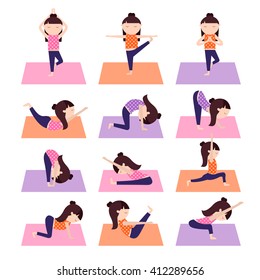 Vector Yoga kids collection. Set of yoga poses for children in flat style. Gymnastics and healthy lifestyle. Vector illustration.